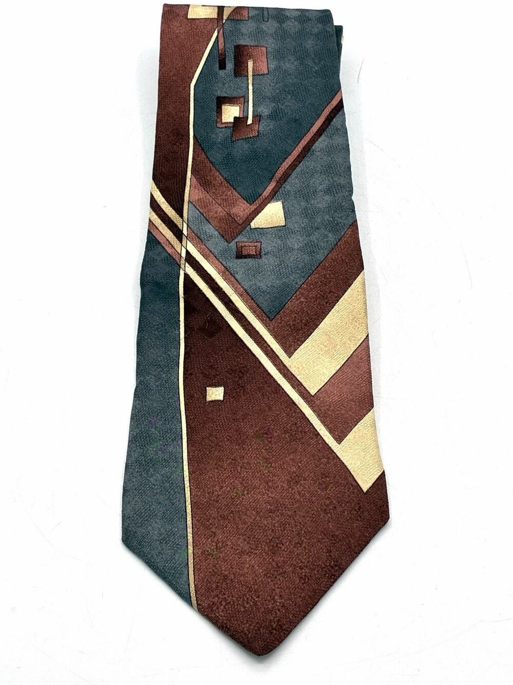 Vintage Bugatti Silk Tie Brown Gray Gold Geometric Abstract Mens Necktie